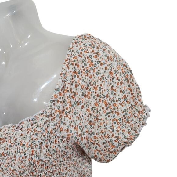 AE Aerie Micro Floral Puff Sleeve Cropped Blouse Smocked Square Neck Large - Picture 5 of 9